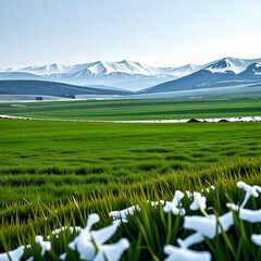 Avast meadow with a snowy mountain view. Generative AI