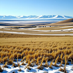 Avast meadow with a snowy mountain view. Generative AI