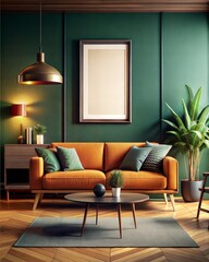 Mockup room, Mockup Frame A living room with a green wall and a gold lamp hanging from the ceiling