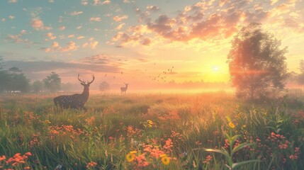 Tranquil Meadow A Peaceful D Rendering of Grazing Deer Under a Pastel Sky