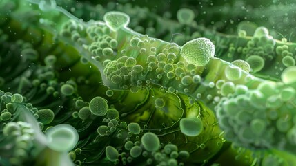 A green leaf with many small green balls on it