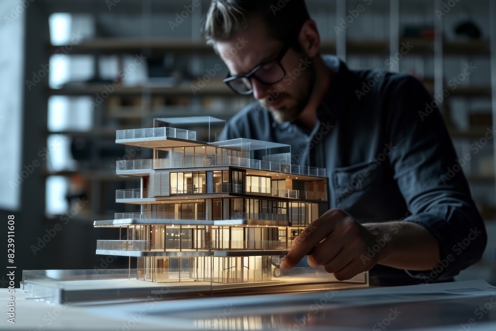 Poster an architect using augmented reality for building design making , ai-generated