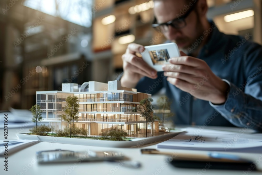 Poster an architect using augmented reality for building design making , ai-generated