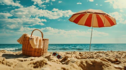 Serene Summer Scene: Basket and Umbrella on Beach