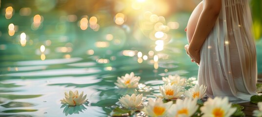 Serene Maternity Spa Experience - Expectant Mother Amidst Tranquil Pool with Lotus Flowers, Perfect for Relaxation and Well-being Promotion