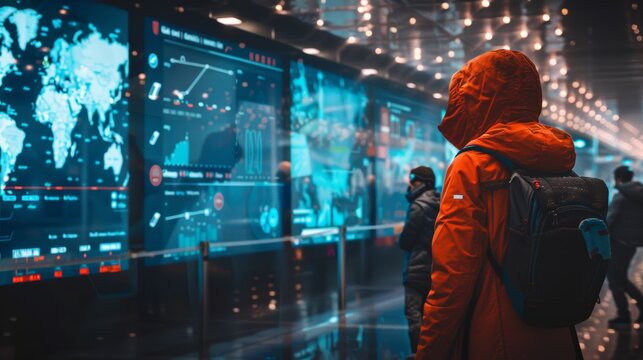 Traveler Viewing Digital Travel Advisories and Alerts at Modern Agency Display During Pandemic - Powered by Adobe