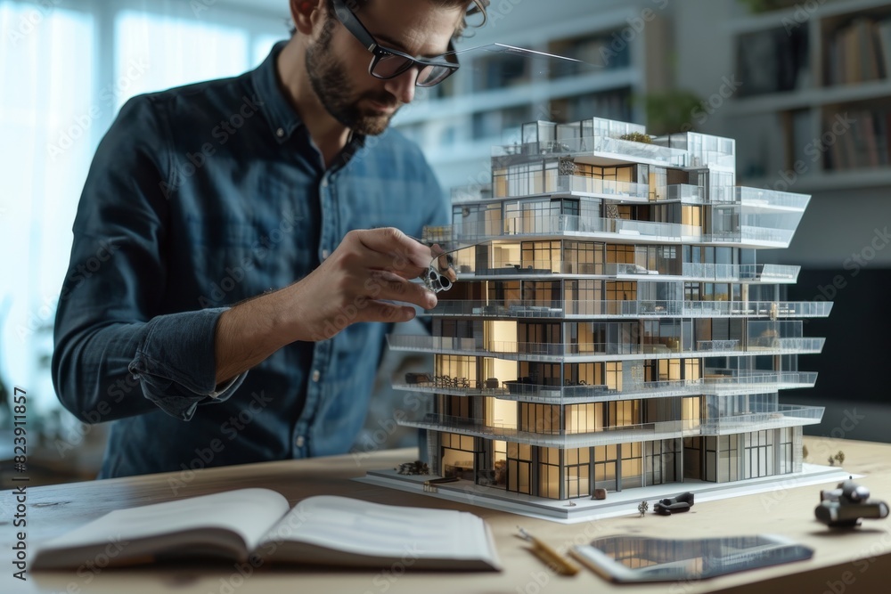 Poster an architect using augmented reality for building design making , ai-generated
