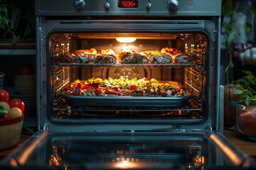 A kitchen scene with an open oven door showing a variety of foods cooking inside, including...