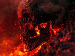 Hooded Skeleton Overlooking Volcanic Lava Flow
