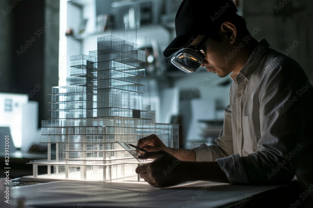 Poster an architect using augmented reality for building design making , ai-generated