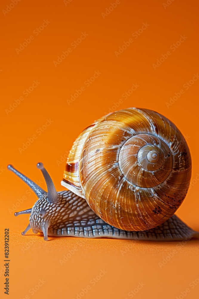 Poster amusing close-up image of a snail, focused shell, against a light orange backdrop with room for text