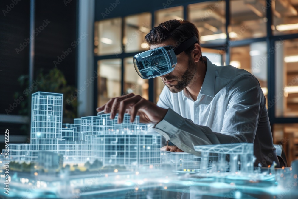 Poster an architect using augmented reality for building design making , ai-generated