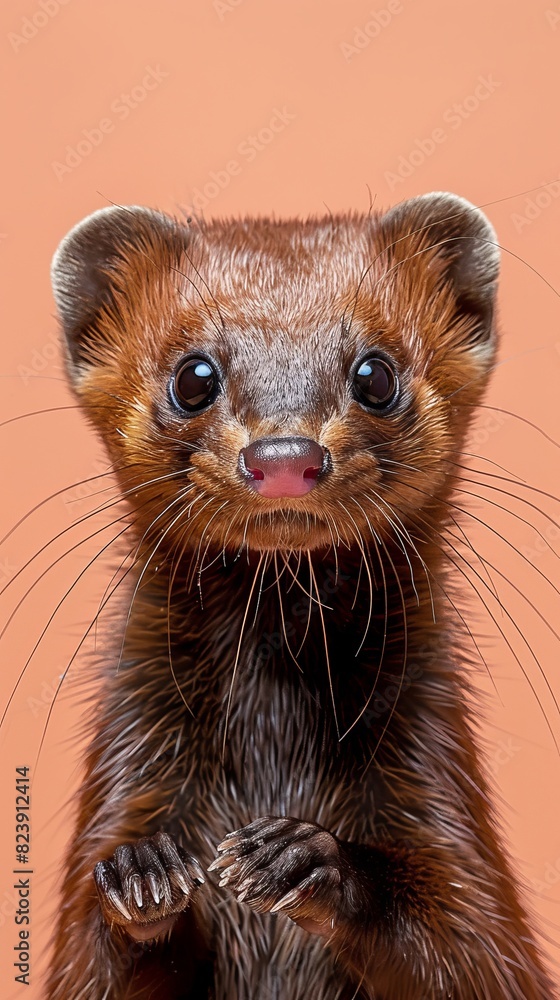 Wall mural Funny closeup portrait of a weasel, tiny paws up, isolated on a peach background, copy space - Wall murals