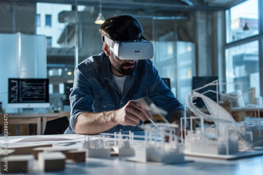 Poster an architect using augmented reality for building design making , ai-generated