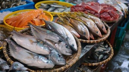 Vibrant fresh seafood market showcasing an array of raw fish at bustling wet market