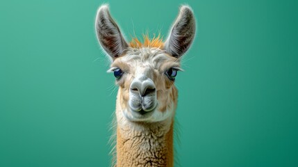 Obraz premium Funny closeup portrait of llama, quirky expression, isolated neon green background, copy space for text