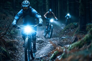 Night Mountain Biking Adventure with Cyclists Using Headlamps on a Forest Trail