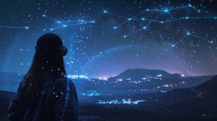 A peaceful night scene with a person using an augmented reality app to see a meteor shower accurately mapped out in the sky.