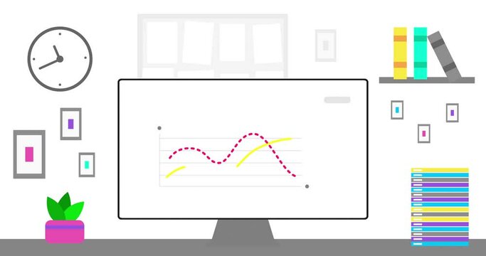 Office computer with simple modern Infographics on screen. Modern Office interior and data or statistic animation. 4K resolution animation. Office setup close up.