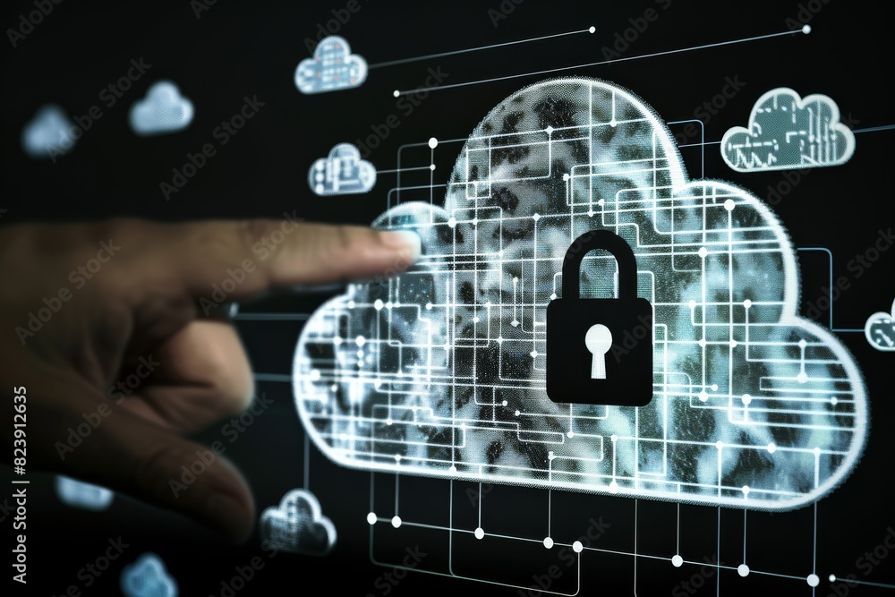 Poster hand holding digital cloud with network icons for secure online data protection and cyber security