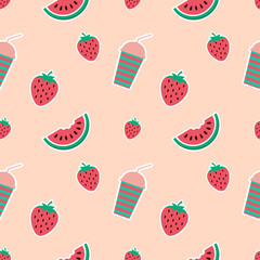 Ice cream seamless pattern. Colorful summer seamless pattern with tropical fruits, ice cream, leaves, Toucan, Flamingo, Flowers, and summer icons Memphis style. Summer seamless vector illustration.