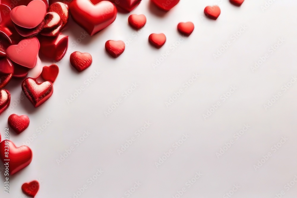 Poster white background with many red hearts all around it with empty space in center