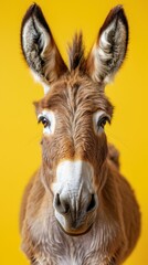 Obraz premium Humorous closeup of a donkey, ears perked, isolated on a bright lime background, copy space