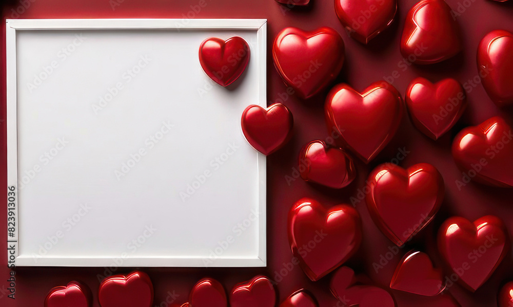 Poster white background with many red hearts all around it with empty space in center
