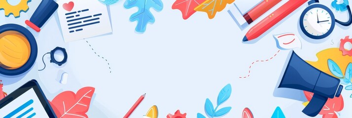 Obraz premium Creative workspace concept with various items - A creative and organized workspace concept illustrated with an assortment of educational and office-related items on a white background