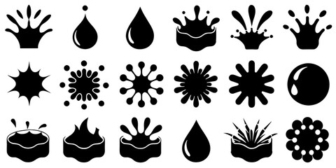 Water drops, black sea ocean waves stencil. Liquid elements, cry droplet icons vector set. Ink, sauce, river isolated splashes