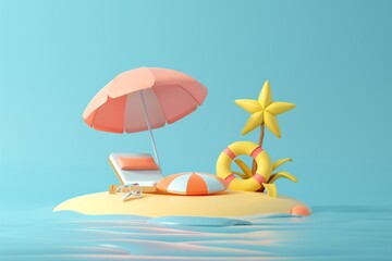 Sunny beach scene with umbrella and chair - A vibrant 3D illustration of a beach setting with umbrella, chair, and inflatable ring on a sand island