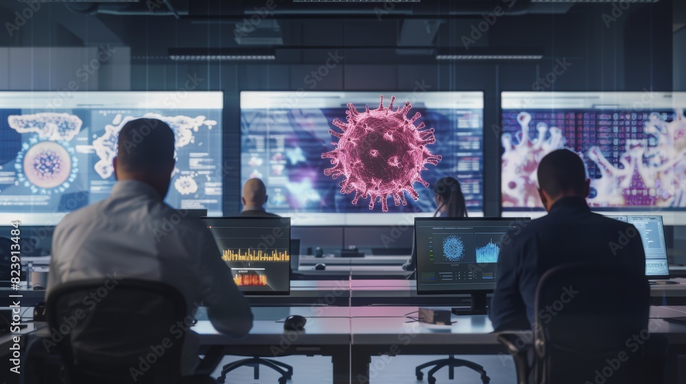 Aufkleber journalists investigating virus stories in modern newsroom with data verification processes for accu