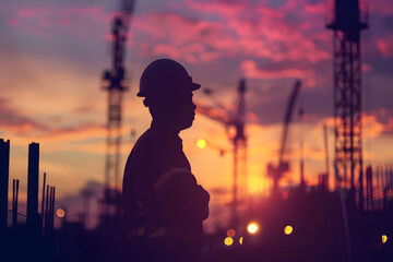 Silhouette of engineer and worker on building construction site at sunset in evening time.
