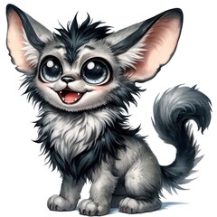 Obraz premium A cheerful full-body watercolor cartoon Lykoi cat with big, expressive, sparkling eyes that clearly convey joy. The cat has a unique