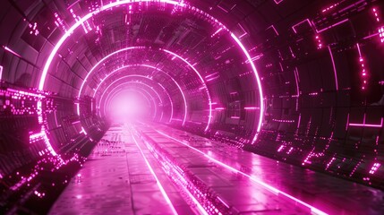 Fototapeta premium Virtual Abstract. Futuristic 3D Render of Urban Tunnel in Pink Neon Light