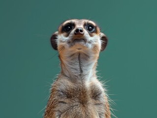 Fototapeta premium Quirky meerkat closeup, alert and isolated on emerald green backdrop, with space for text