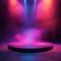 Empty mockup platform in colored fog and spotlight