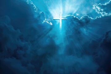 Cross In The Sky. Abstract Christian Background with Bright Blue Clouds