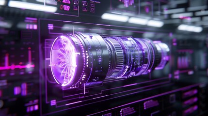 Concept Design of a New Aerospace Engine, Glowing in Purple, on a High-Tech Display Screen