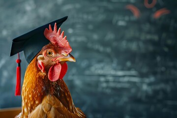 chicken wearing graduation cap in classroom setting with blackboard humorous concept