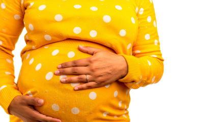 A woman is wearing a yellow shirt with yellow polka dots and is pregnant. Transparent background