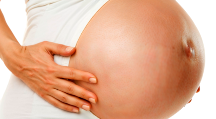 A pregnant woman holds her belly. transparent background