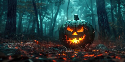 Spooky Background. Skittish Horror in Dark Forest with Jack O'Lantern. 3D Rendering