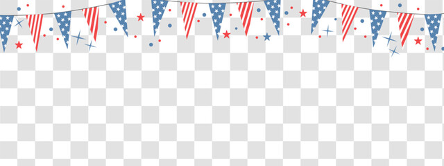 4th July transparent background. Celebration long horizontal border with flags and stars. 