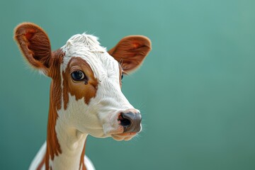 Quirky closeup featuring a cow with big eyes on a mint green background provides ample space for text