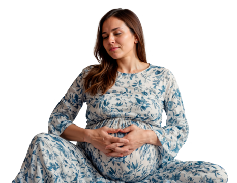 A pregnant woman is sitting on the floor with her hands on her belly. transparent background
