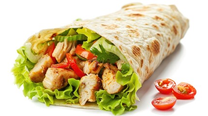 Wrap Isolated. Enclosed Tortilla Fajita with Chicken and Fresh Salad
