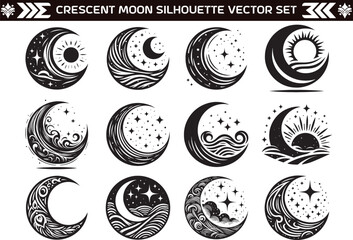 Crescent Moon Silhouette Vector on White Background