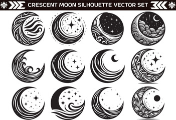 Crescent Moon Silhouette Vector on White Background