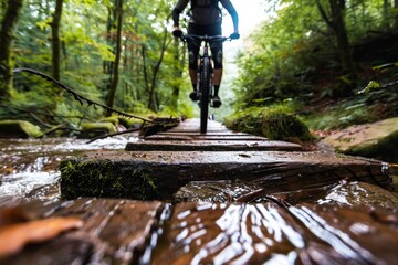 Mountain Biker Navigating a Narrow Bridge Over a Creek in a Forest Setting - Outdoor Adventure, Precision, and Skill - Powered by Adobe